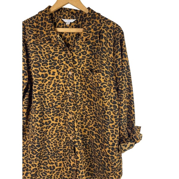 Cheetah Print Blouse XL Shirt Top Button Down Animal Print Tab Sleeve Time & Tru - Picture 1 of 5